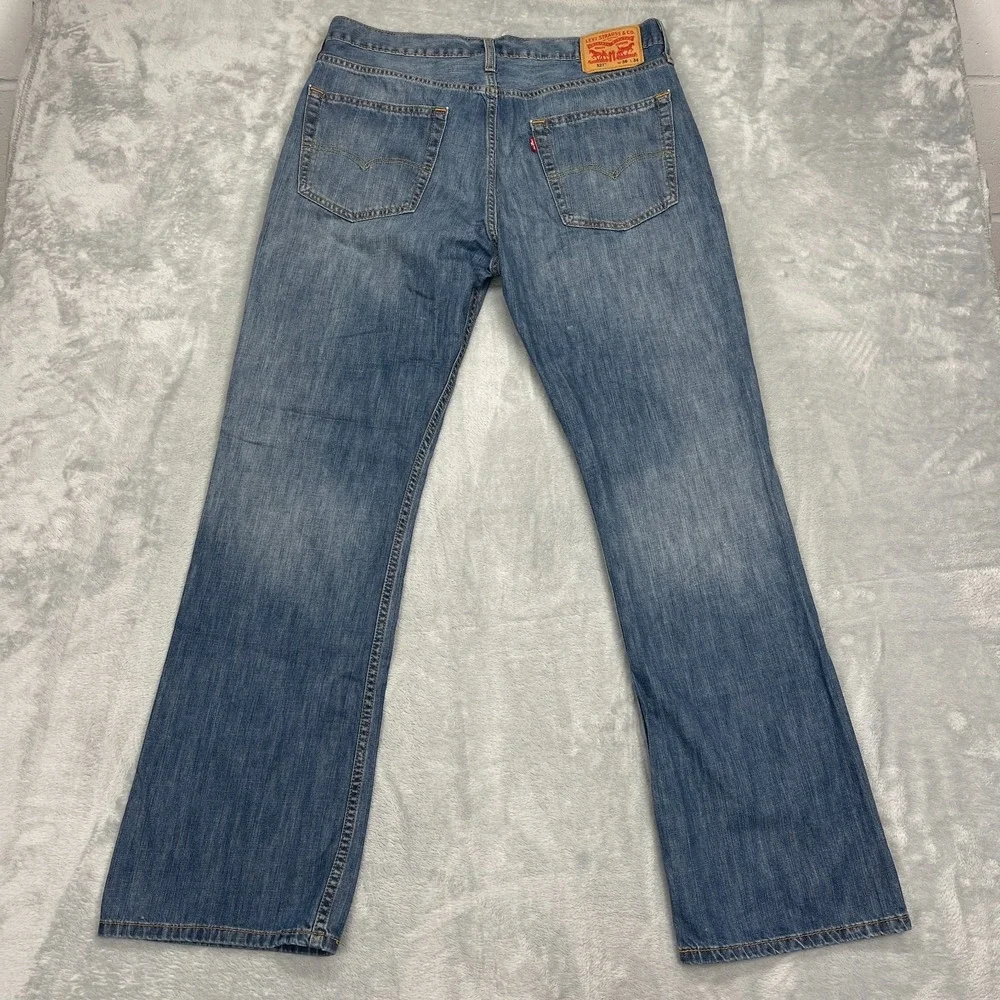 Levi's Jeans Mens 36x34 Blue Denim Whiskered Faded Stretch 527 Slim Bootcut Leg